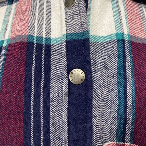 Orvis Womans Plaid Cotton Shacket Medium Blue Red Snap Front Pockets Chore Work - Picture 5 of 12